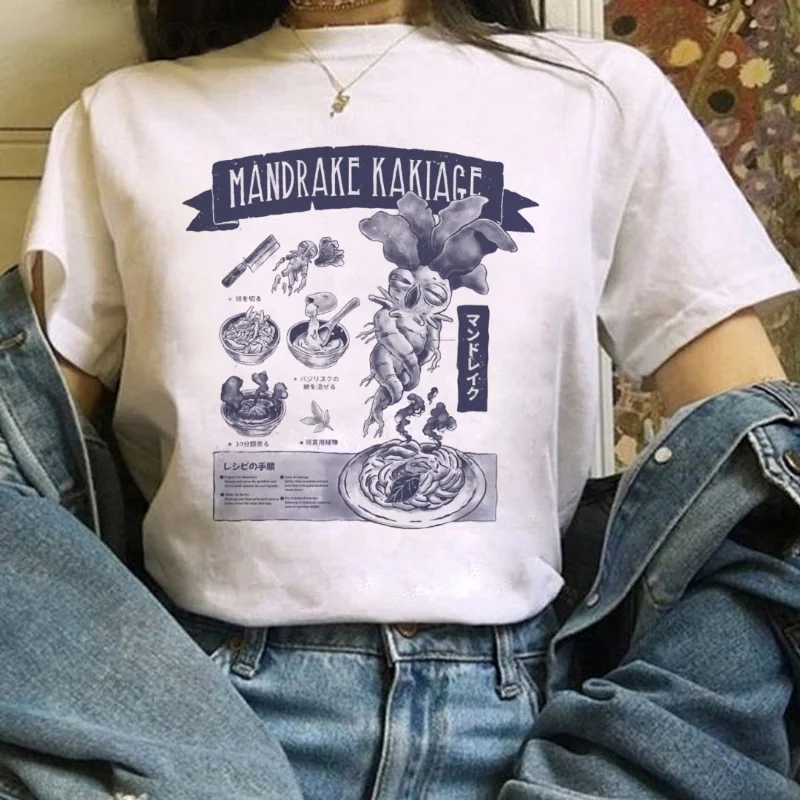 

Mandrake Kakiage Recipe Printed Retro Short Sleeve Pattern T-Shirt Cartoon Style Women's Printed Clothes Round Neck Top T-Shirt