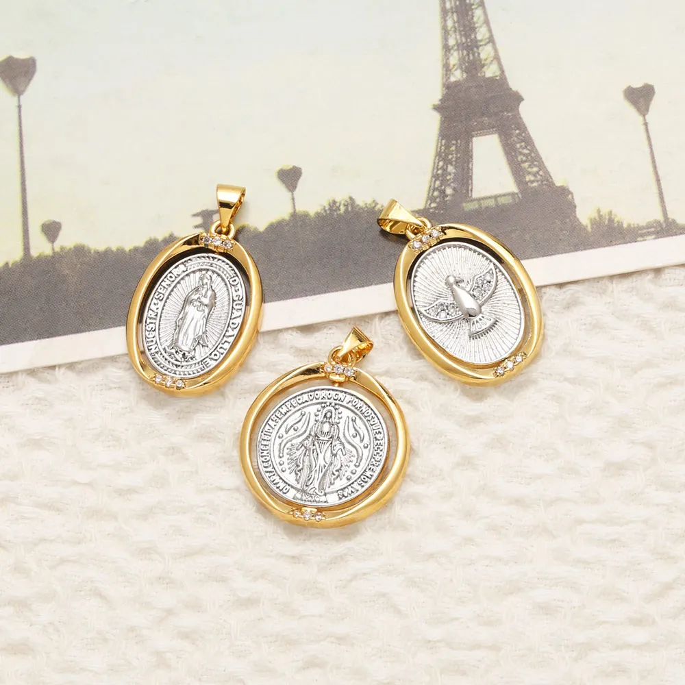 OCESRIO Silver Color Virgin Mary Pendant for Necklace Copper Gold Plated Holy Spirit Oval Jewelry Making Supplies pdta373