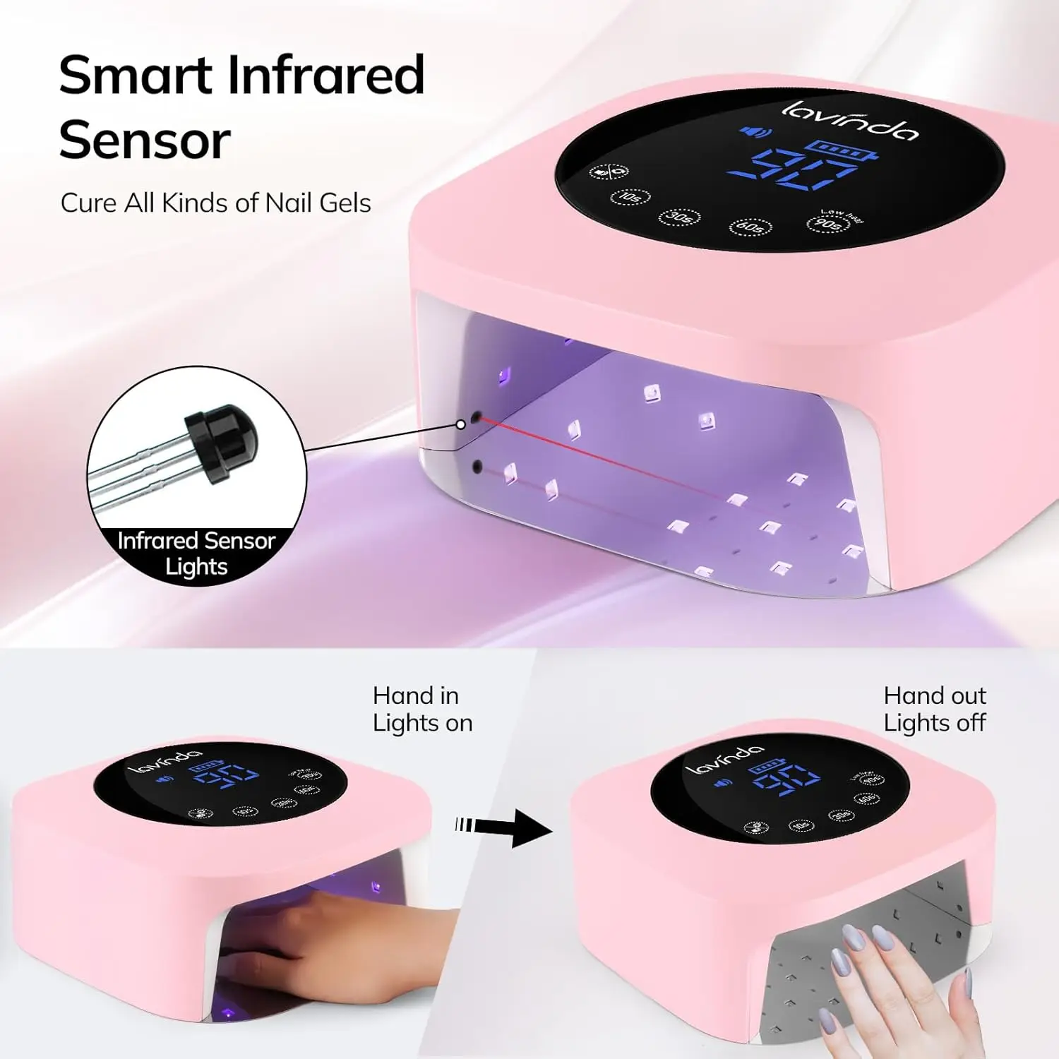 Lampe à ongles UV LED sans fil 54 W, lumière gel rechargeable avec minuterie et affichage pour usage domestique en salon en rose mat