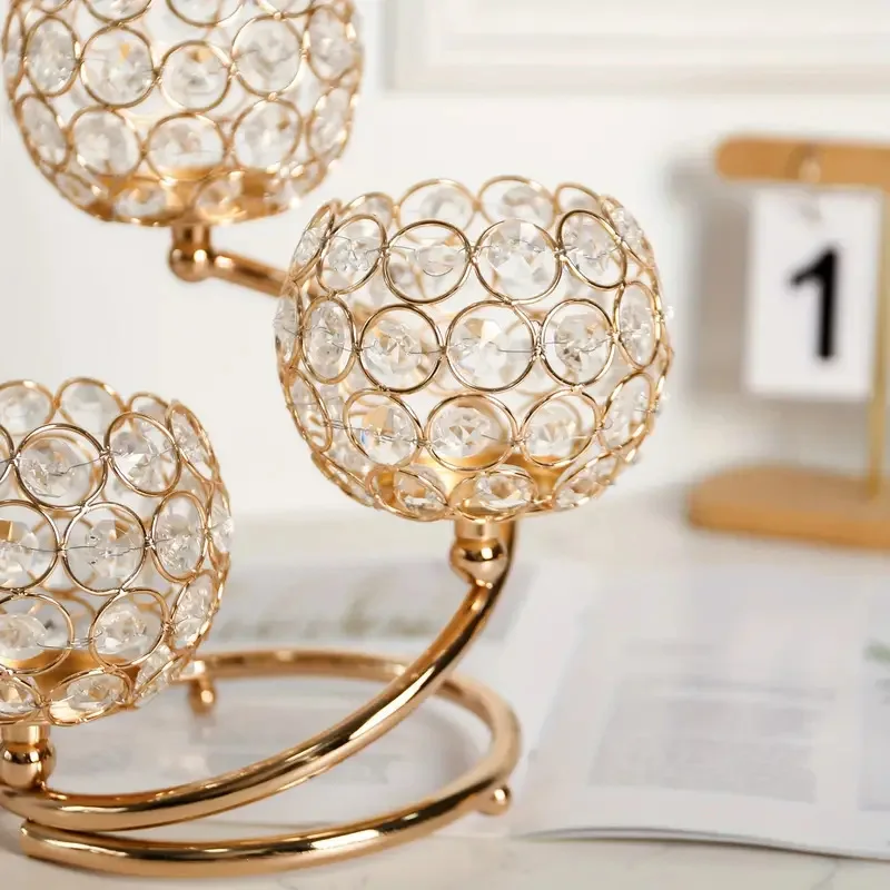 3‑Head Golden Crystal Ball Candlestick Holder, Light‑Luxury Tabletop Candle Stand, Wedding Dining Home Decor Ornament