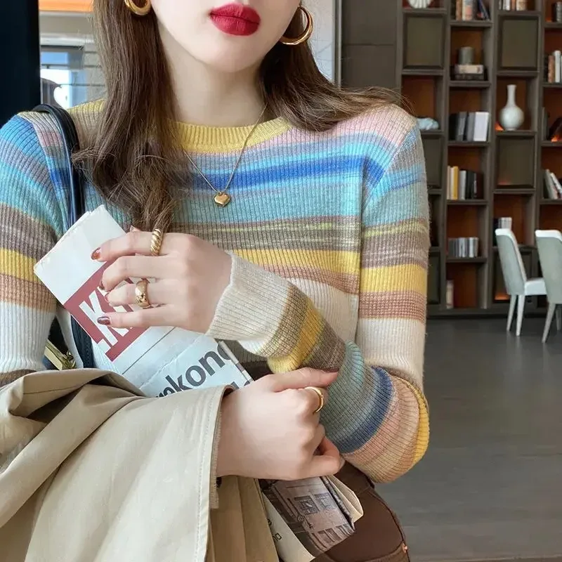 

Элегантная женская футболка в полоску с длинным рукавом, приталенная, весна-осень, корейский стиль, распродажа, модная, высокое качество, популярная одежда 2025