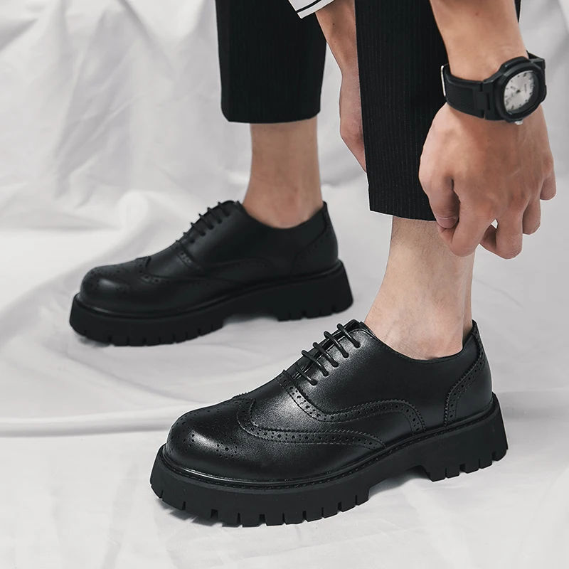 Black Thick Soled Lace Up Oxford Shoes Round Head Platform Leather Shoes Brand Luxury Men Casual Designer Wedding Dress Shoes