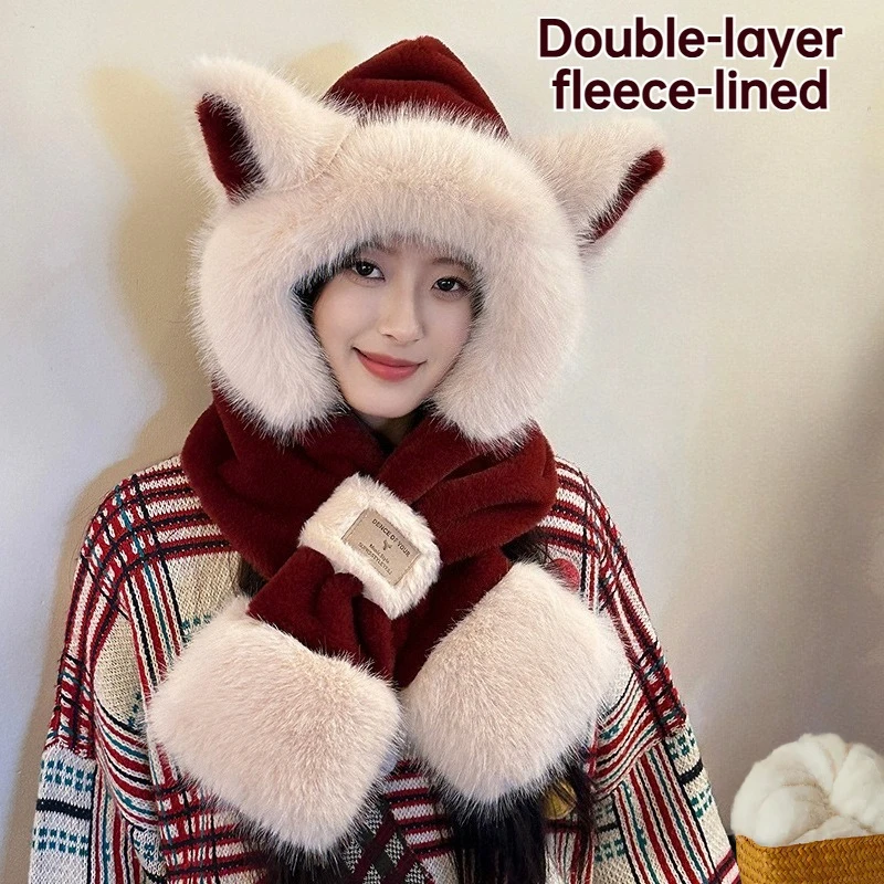 Korean version plush cute fox ear hat, hat scarf in one women's autumn and winter hooded scarf cycling warm