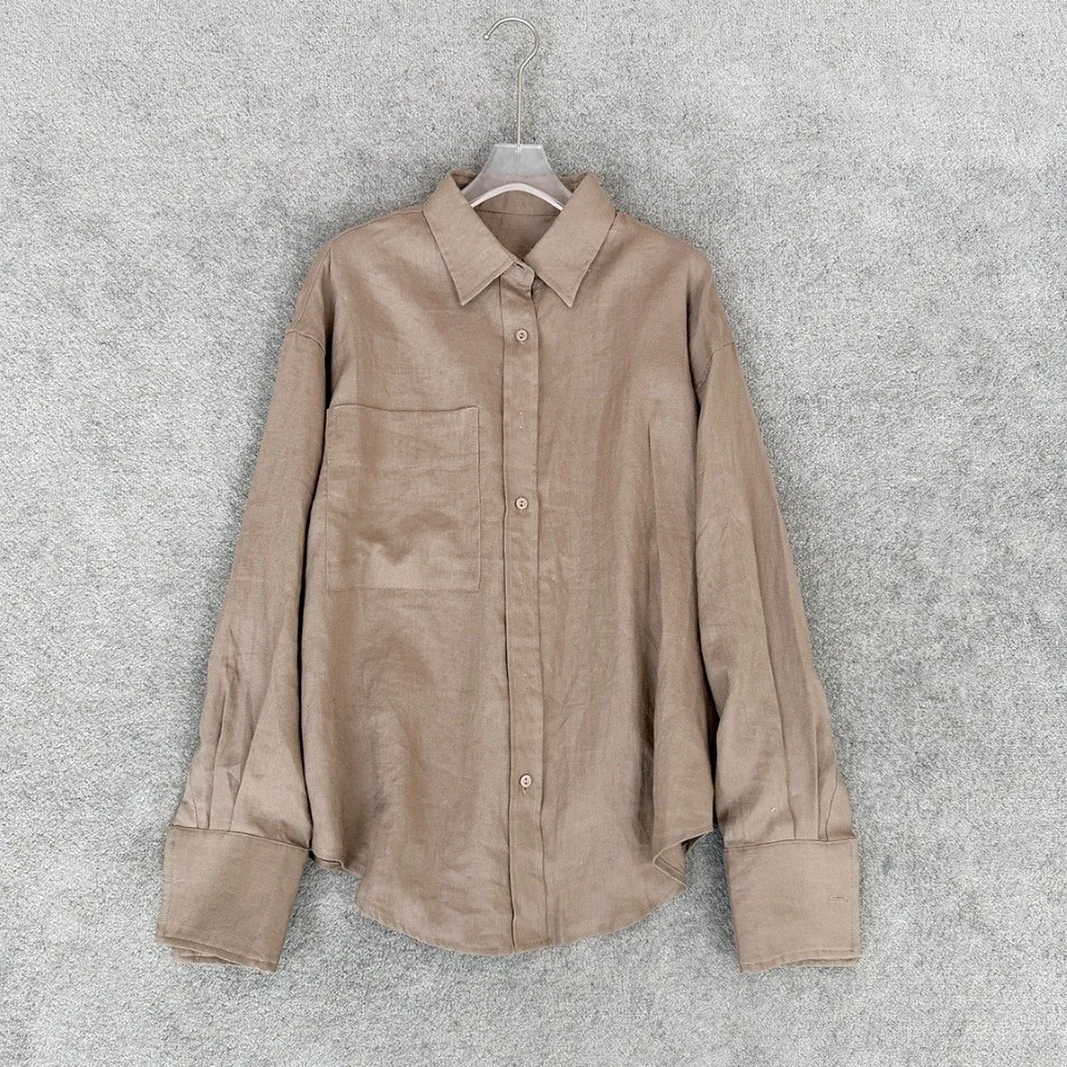 2026 Oversized Linen Button-Down Shirt – Breathable Long Sleeve Casual Top with Chest Pocket in White, Khaki, Pink & Yellow