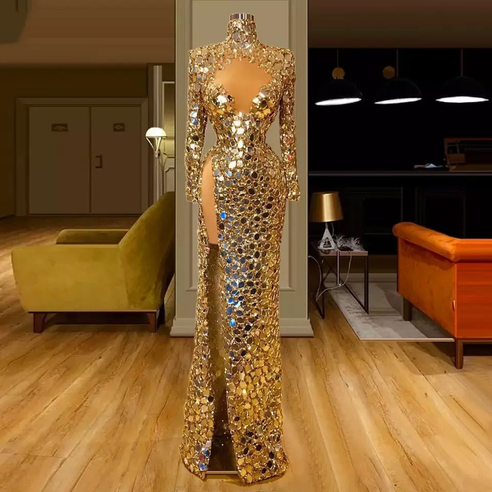 Gold Mirror Sequin Evening Dresses Luxury 2024 Mermaid Beads High Slit Sexy African Women Formal Prom Party Gown Customized