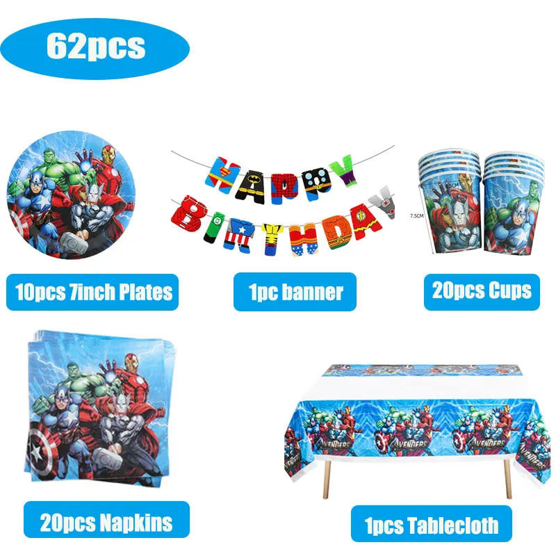 Marvel Birthday Decoration bicchieri di carta piatti Avengers forniture per feste stoviglie tovaglia sfondo palloncini supereroi favore per bambini