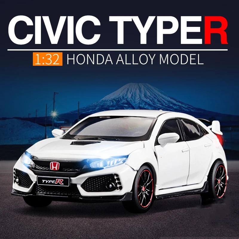 Modèle de voiture en alliage Honda Civic Type R, jouet en métal moulé sous pression, véhicule de sport, simulation, son, lumière, cadeau de collection, 1/32