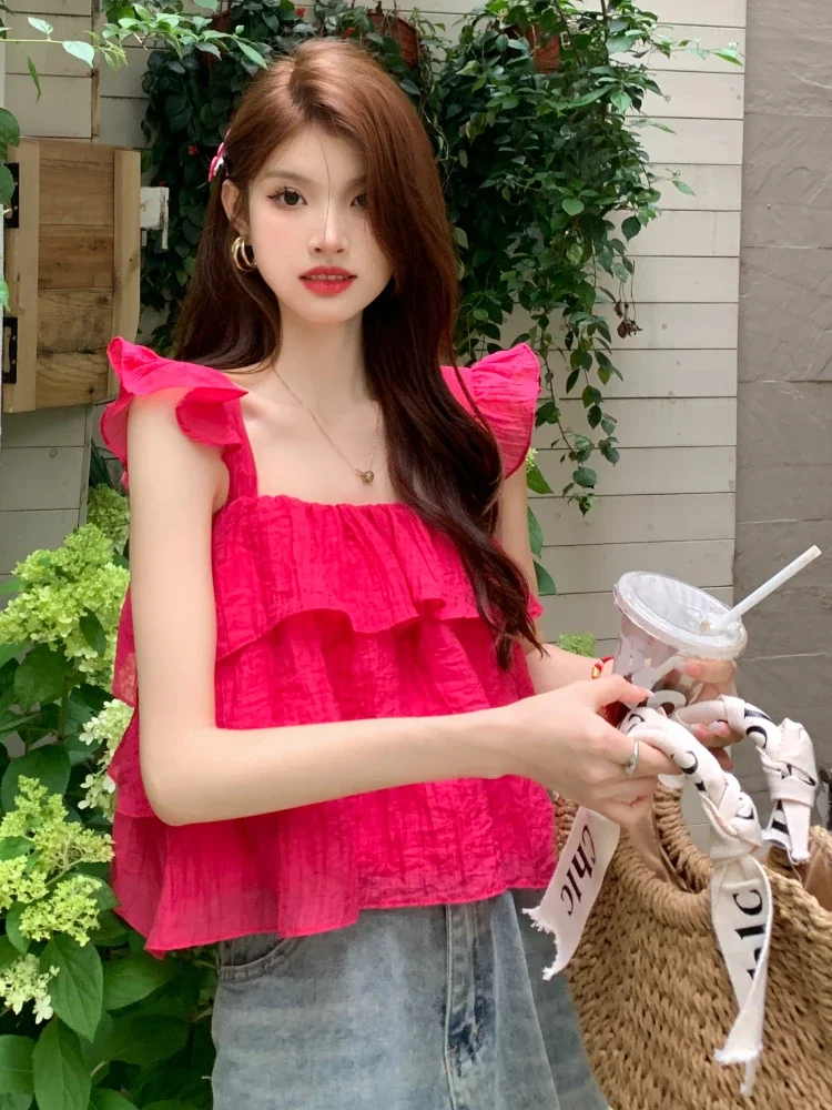 Sleeveless Blouses Women Lovely Ruffles Chic Loose Cozy Korean Style College Ladies Tops All-match Holiday Party Stylish Blusas