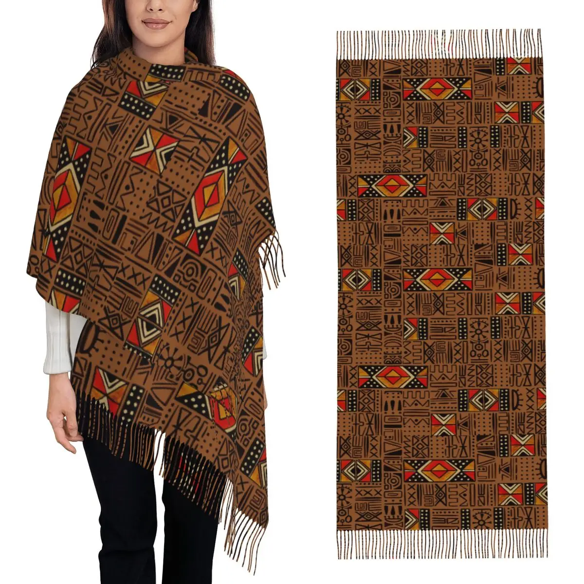African Bogolan Africa Ethnic Tribal Art Scarf Tassel Scarves Women Soft Warm Shawls and Wraps Large Fall Winter Shawl Wrap