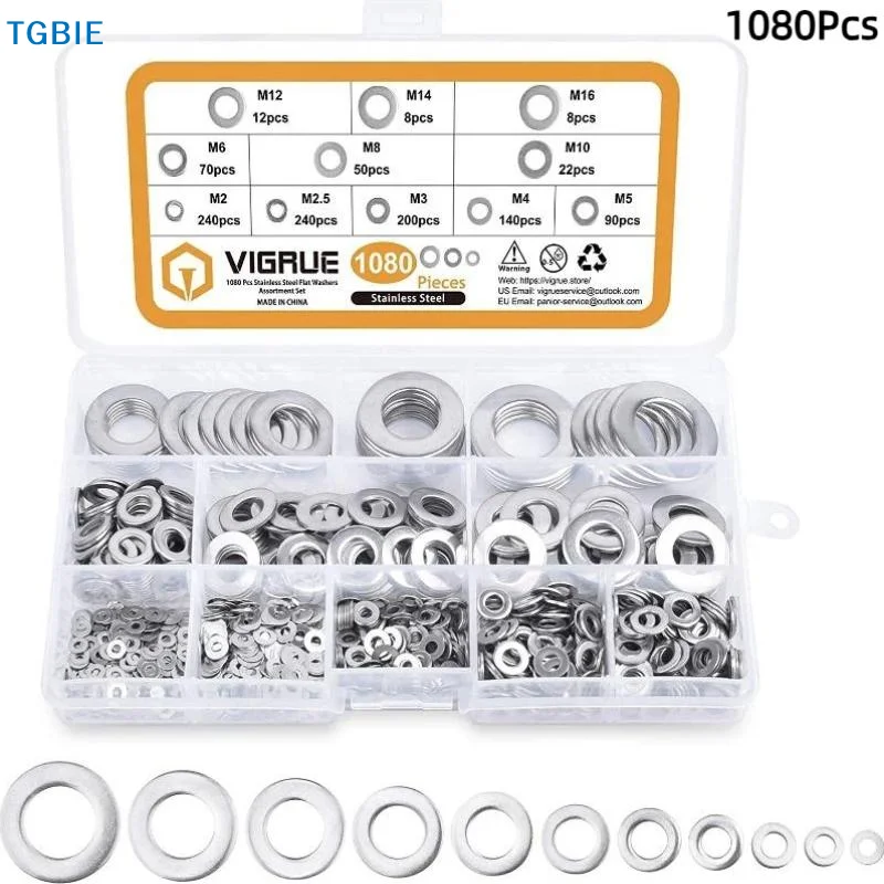 [TL]【TL】1080Pcs 304 Stainless Steel Flat Washers Assortment Set Multiple Sizes M2-M12 Specification Gaskets Anti-rust Craft Tool