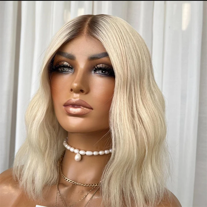 13x4 أومبير شقراء جليدية قصيرة موجة بوب HD شفافة الدانتيل الجبهة الباروكات شعر بشري أشقر بوب شعر مستعار مع جذور داكنة 180% الكثافة 14'' #6