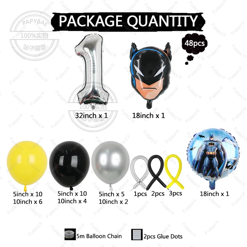 48 szt. Zestaw kolumnek balonowych Batman z motywem Marvel ze srebrnym numerem 1-9 chłopiec dekoracja urodzinowa Baby Shower Helium Globos