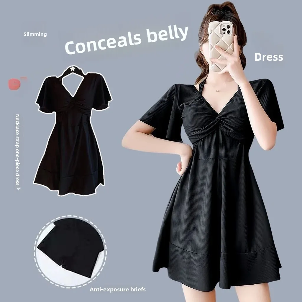 2025 New One-Piece Swimsuit Women Sexy plus Size Cover-Up Student Conservative Belly Slimming Swimwear Short Sleeve Color