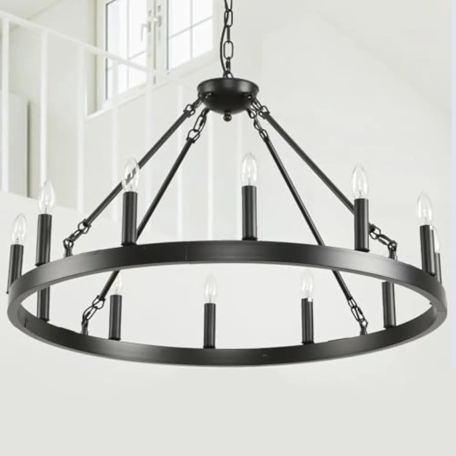 

12 Lights Black Wagon Wheel Chandelier Farmhouse, Vintage Rustic Dining Room Chandeliers, Round Hanging Ceiling Pendant Light Fix