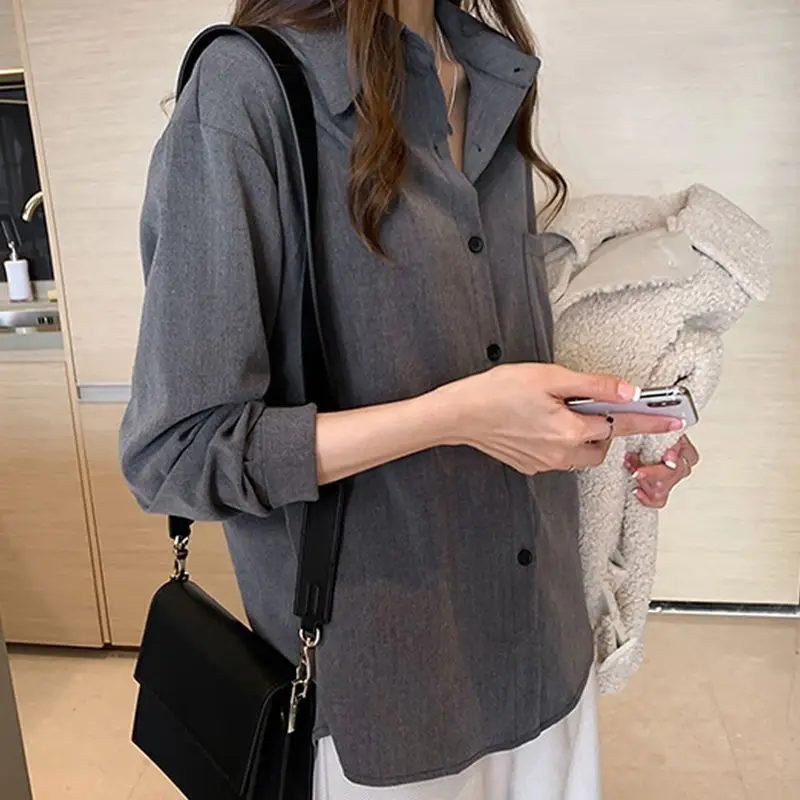 QWEEK Korean Style Office Shirts Solid Color Elegant Youthful Loose Basic Blouses for Women Long Sleeve Button Up Clothes Autumn