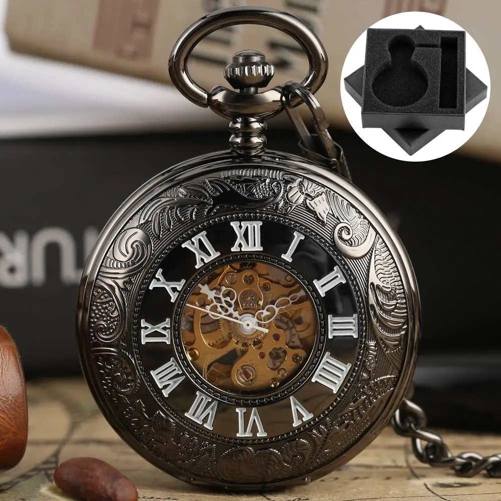 Retro Automatic Mechanical Pocket Watch Classic Stylish Roman Numerals Display Black Fob Chain Pendant Clock Antique Timepiece