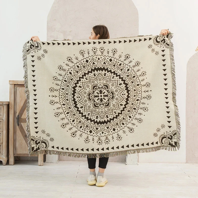 Vintage Boho Mandala Thread Blanket Countryside Geometry Sofa Hanging Tapestry Cotton Knitted Sofa Blanket for