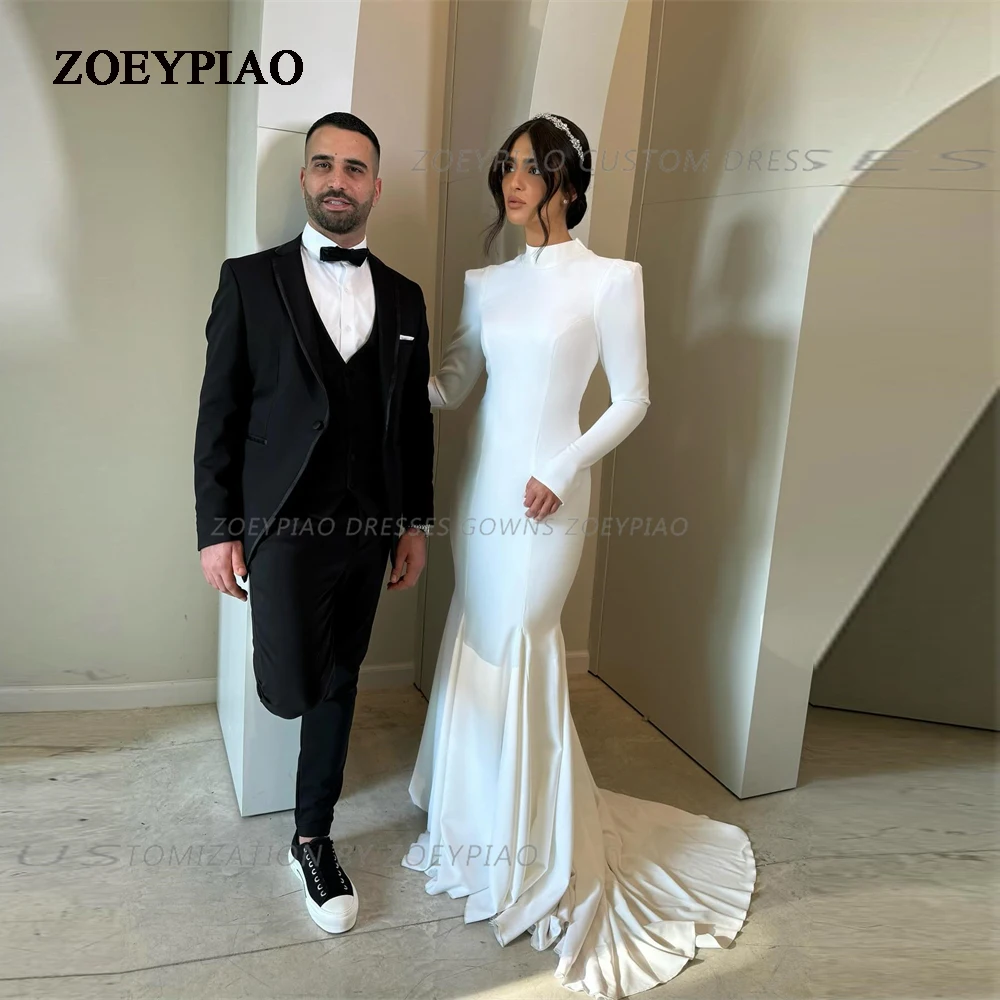 

New Arrivals High Neck Button Back Long Sleeve Wedding Dresses Elegant Satin Princess Bride Bridal Gowns Dress Vestido De Noiva