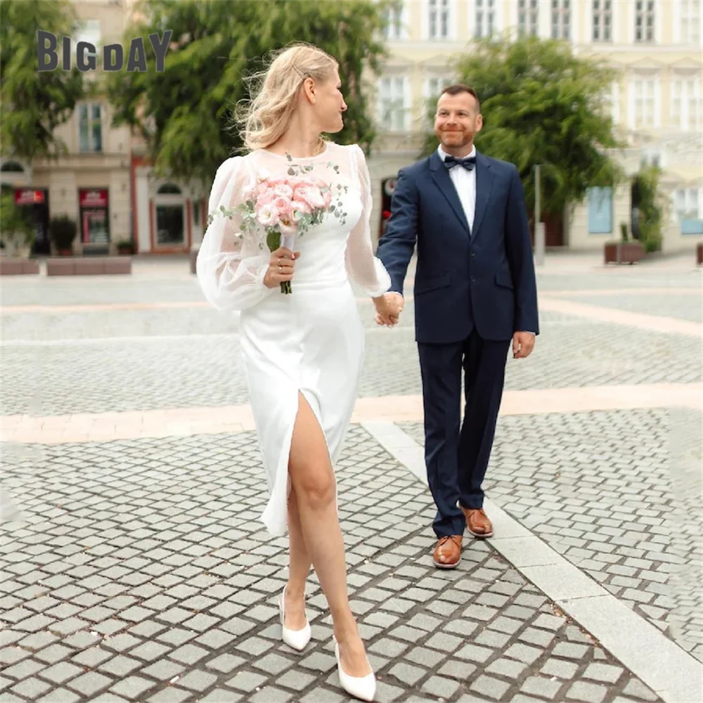 Vestido De novia elegante De sirena, manga larga, ilusión en la espalda, cuello redondo, satén dividido, vestido De novia Simple, largo hasta el té, 2024