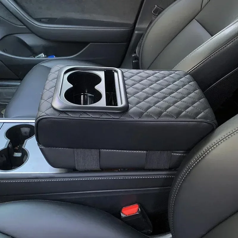 Car Armrest Cushion with 2 Cup Holders PU Leather Center Console Arm Rest Pad Portable Auto Pillow Heightening Cover Universal image 3