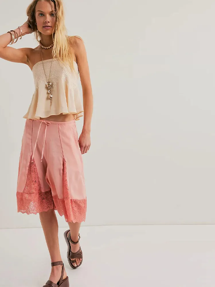 Lace Patchwork Shorts Women's Satin Pants Trim Bermuda Trousers High-Waisted Drawstring Loose Casual Wide-Leg Summer Wear
