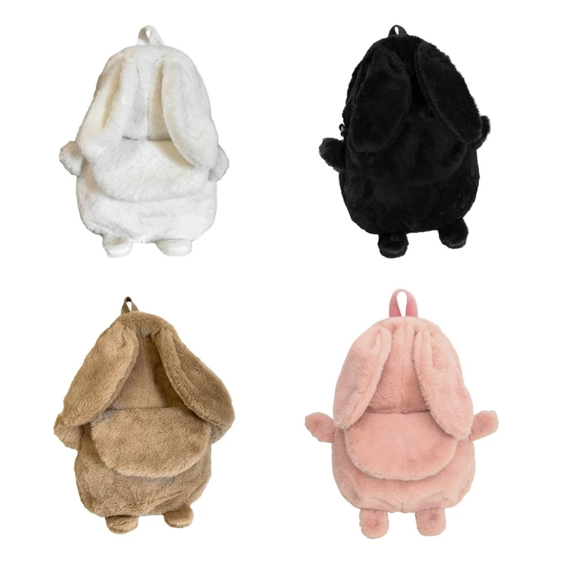 Lovely Rabbit Ear Plush Backpack Student Girls Casual Solid Color School Bookbag Women Large Capacity Travel Rucksack Daypack