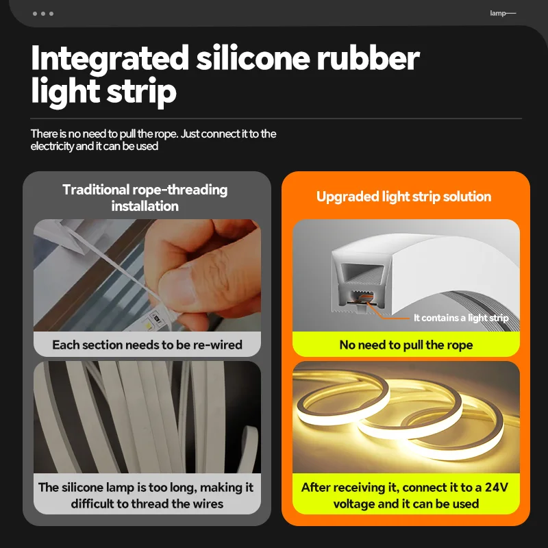 LED silicone light strip, linear light strip, embedded, 24V, waterproof, flexible, curved shape light