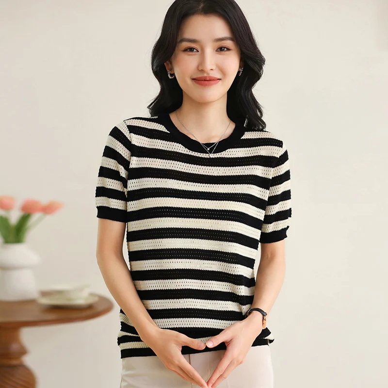 

Women's Short Sleeve O-Neck T-Shirt 100% Cotton Knitted Hollow out Basic Fashionable Design Comfortable Fit Casual Top