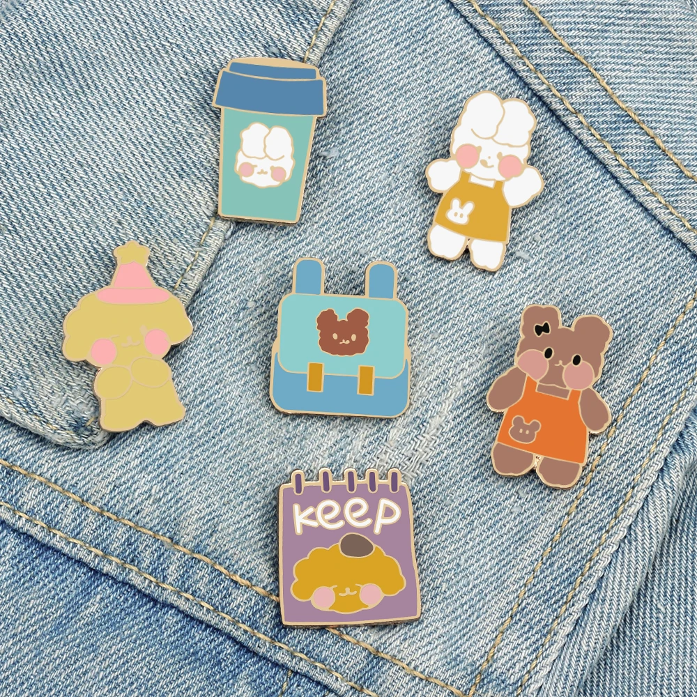 Animal Bear Bunny Dogs Enamel Pins Cartoon Cute Cup Bag Schedule List Brooches for Kids Backpack Denim Lapel Badge Jewelry Gifts