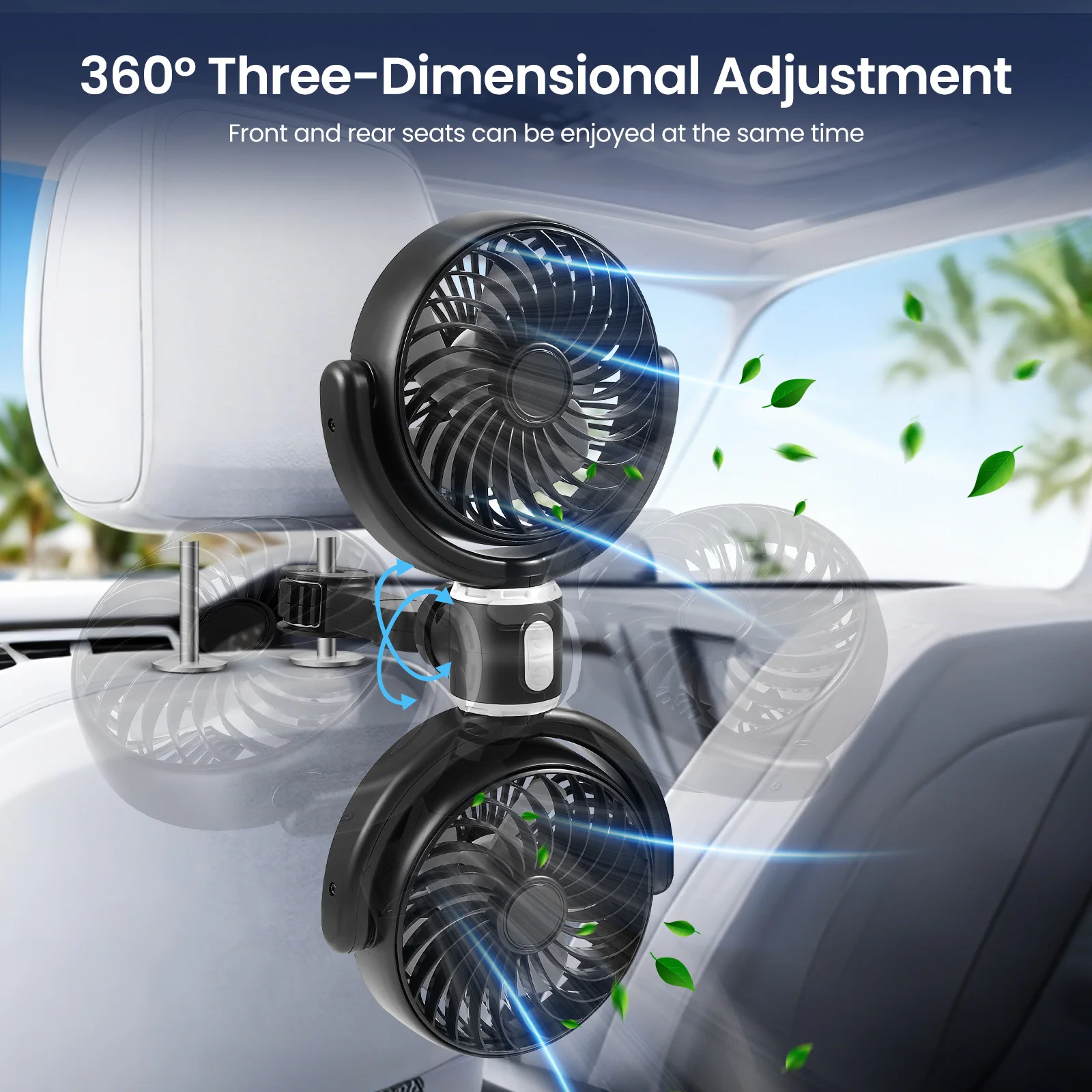 Car USB Fan Dual Head Cooling Air Fan Independent Switch 3-Speed 360 Degree Adjustable Auto Headrest Fan For Rear Seat