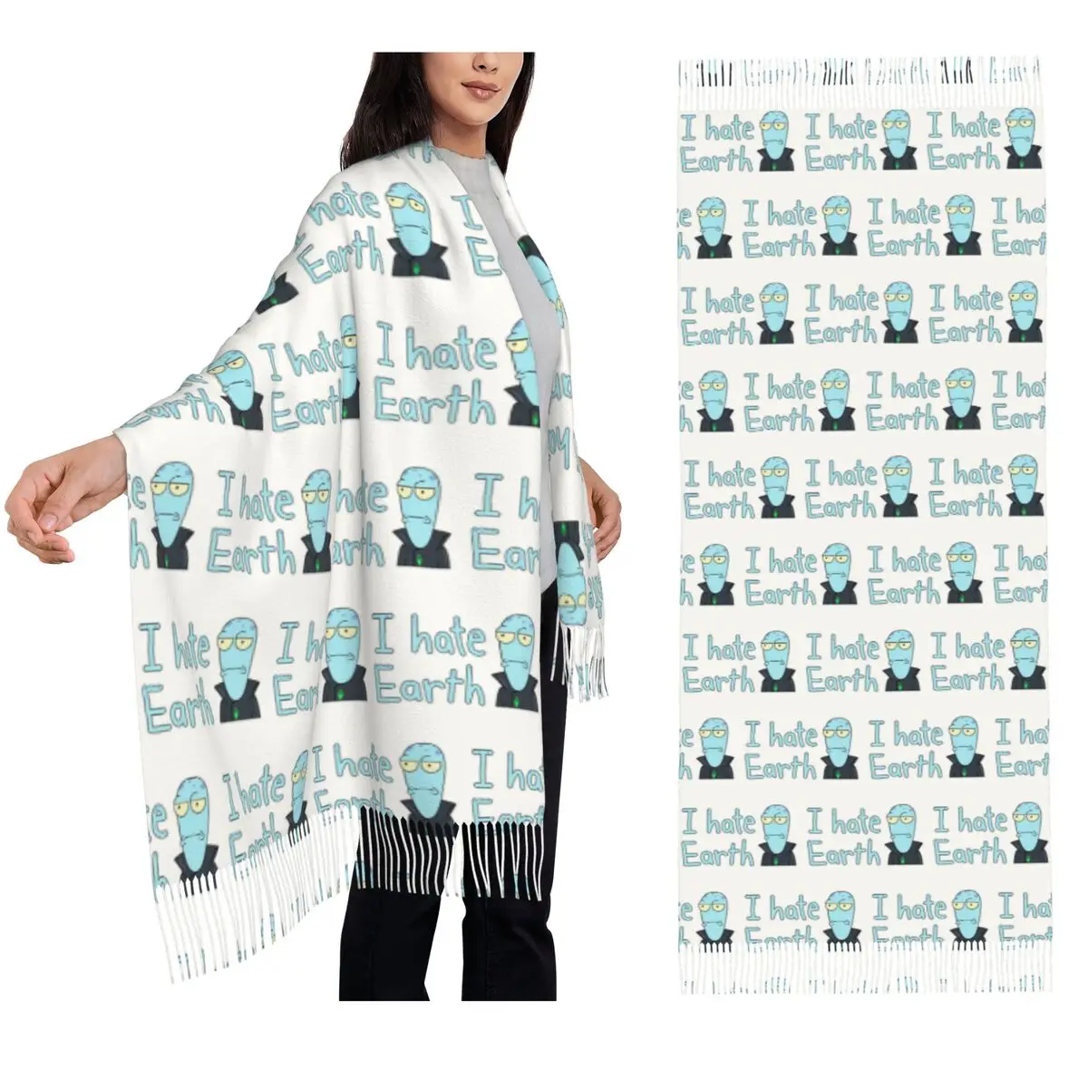 Korvo I Hate Earth Solar Opposites Cartoon Scarf Tassel Scarves Women Soft Warm Shawls and Wraps Long Fall Winter Shawl Wrap