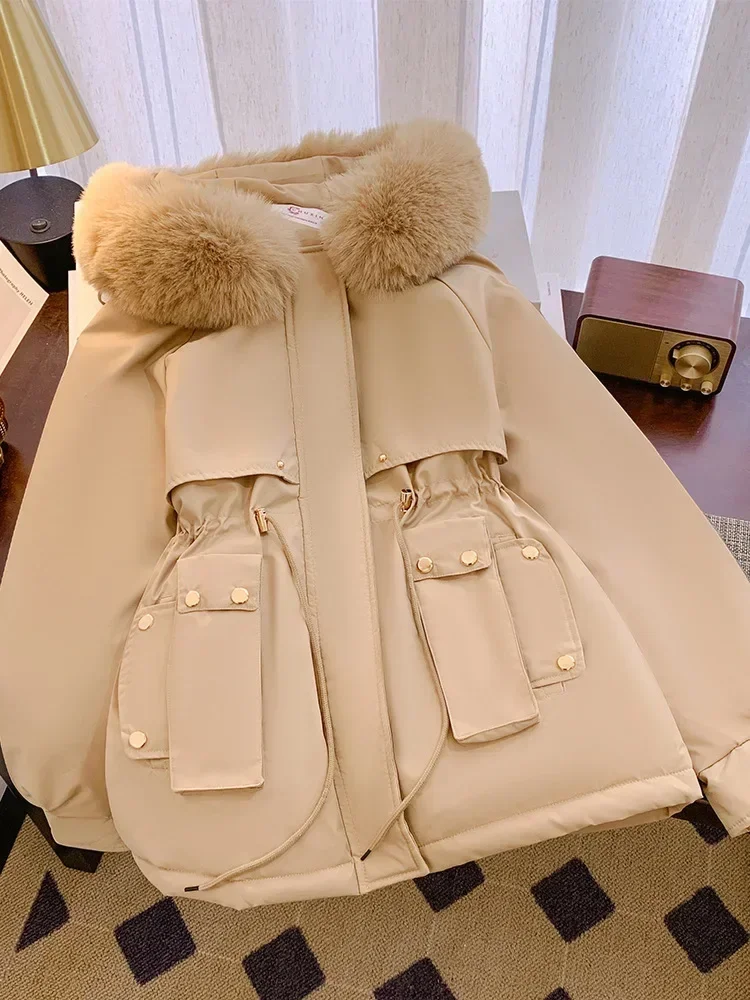 2024 Mantel, Parka, Daunenjacke mit Baumwollpolsterung, mittellanger Wintermantel, mit Samt, mit Baumwolle gefütterte Jacke, modische Damen-Oberbekleidung