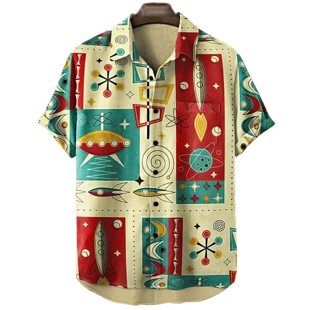 

Hawaiian men's rocket printed shirt, cartoon 3D Harajuku shirt, high-quality casual summer