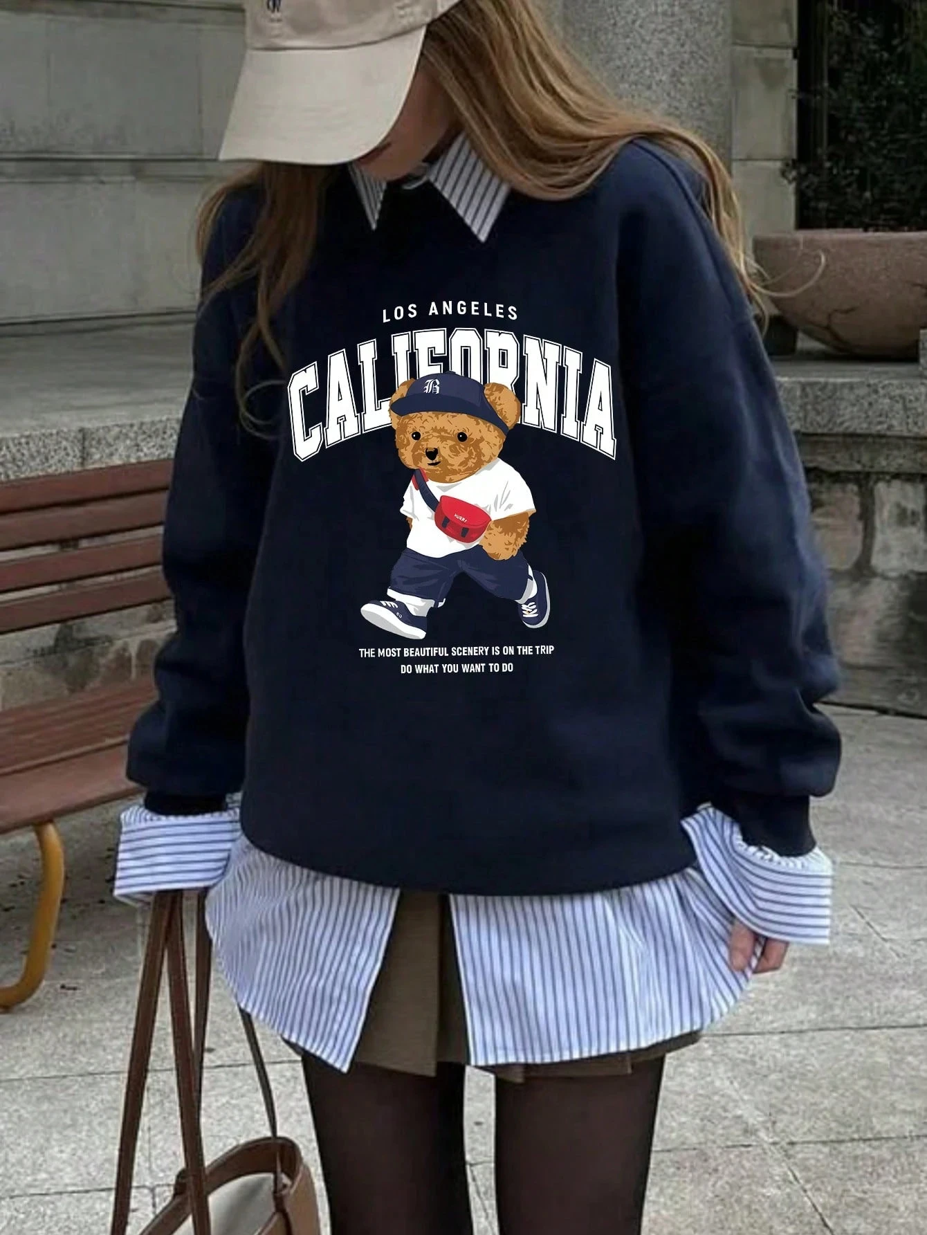 California Bear Pattern Loose Fit Crew Neck Long Sleeve Sweatshirt for Women Casual Spring