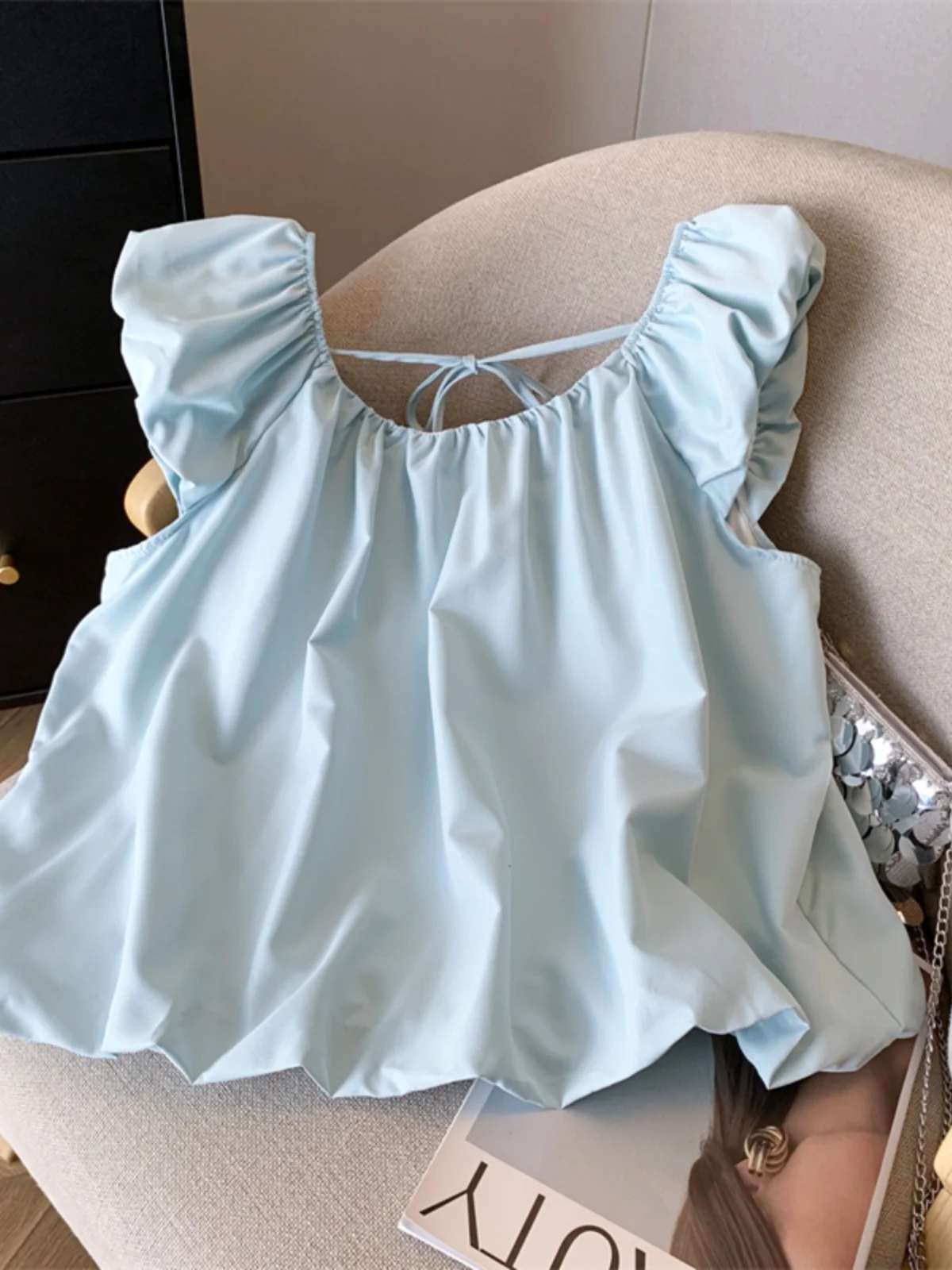 

Blue Bubble Sve irt Women's Summer Design Sensation Bal Belted Top Strapl Cotton Sweet Sle Loose Fit Blouse