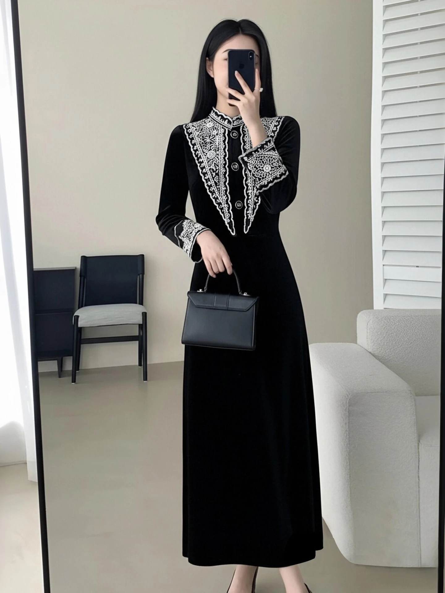 Retro Velvet Qipao Dress New Chinese Style High Waist A-Line Skirt Long Sleeve Business Women's Dress Fall Winter Collection