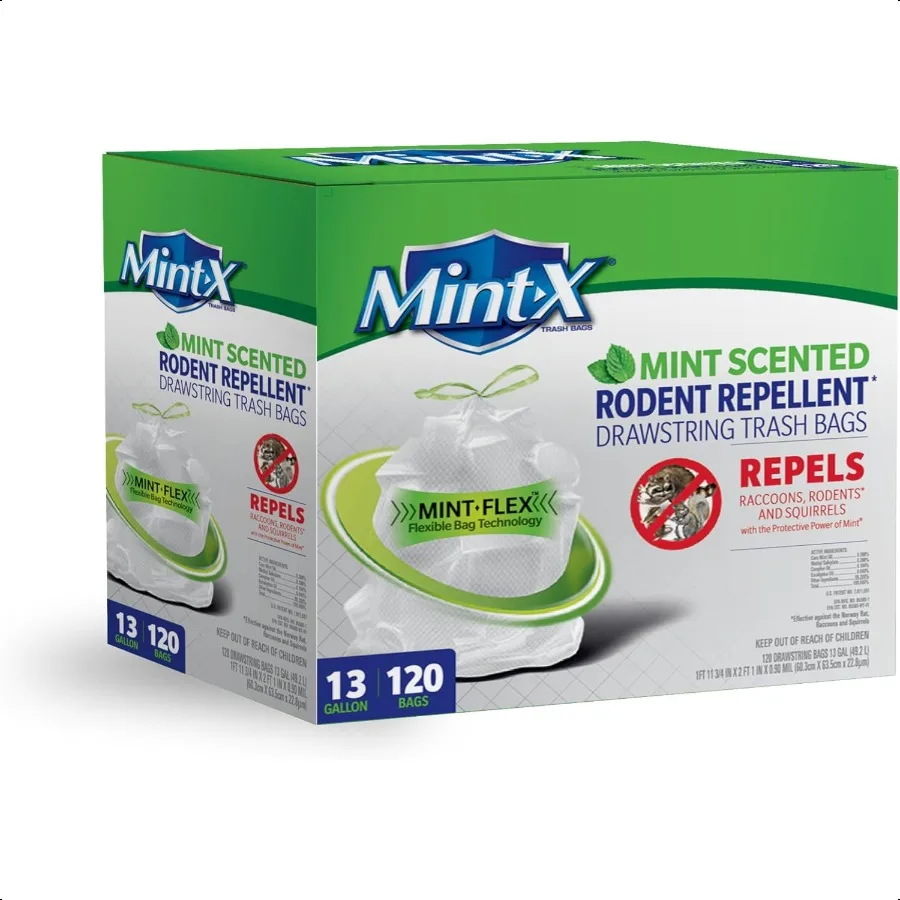 

Mint X Rodent Repellent Indoor Tall Kitchen Drawstring Trash Bags with MintFlex Technology; 13 Gallon 120 Count White
