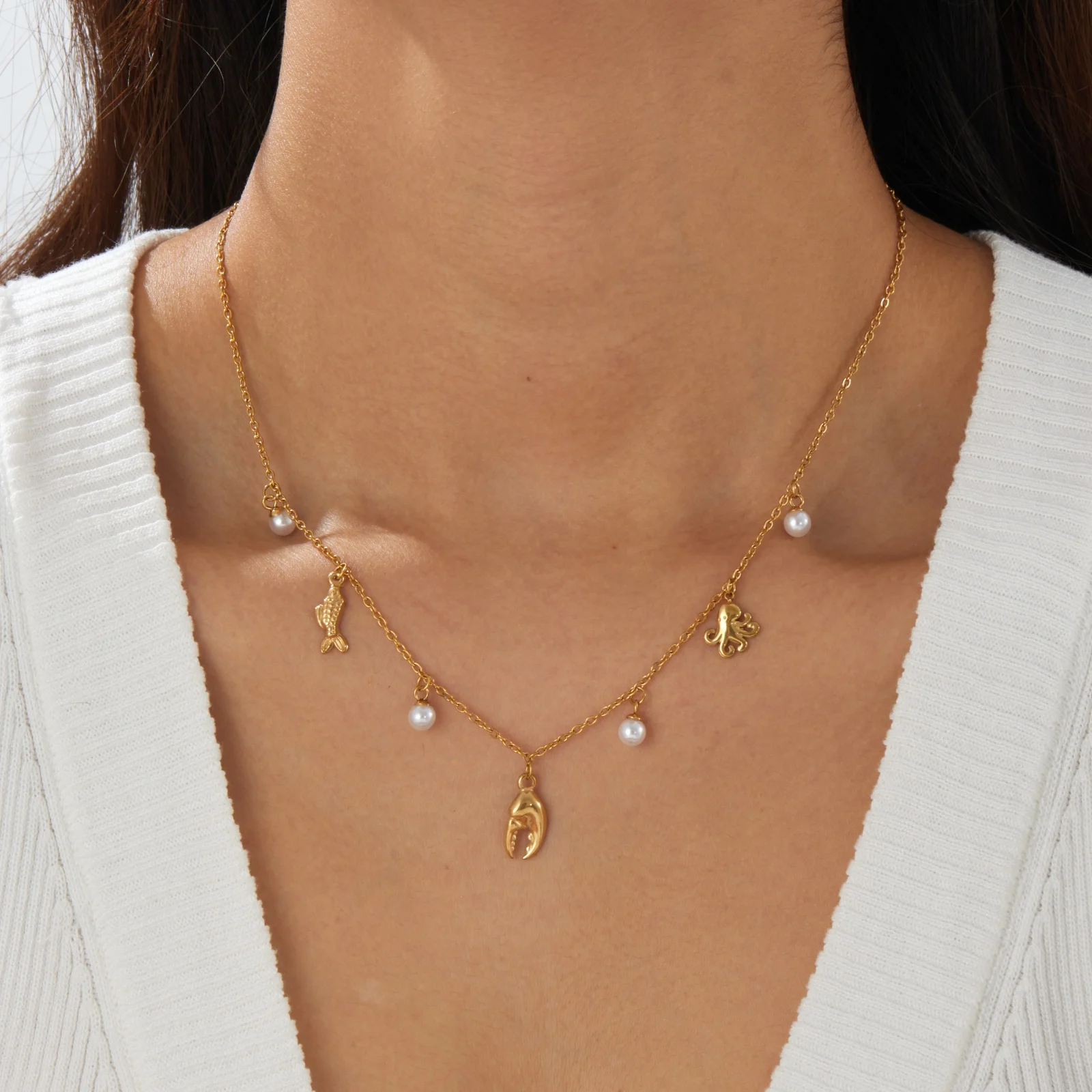 Edelstahl-Halskette mit goldenem Krabbenklauen-Oktopus-Perlen-Mehrfachanhänger für Damen, neuer Ozean-Schmuck, Geschenk