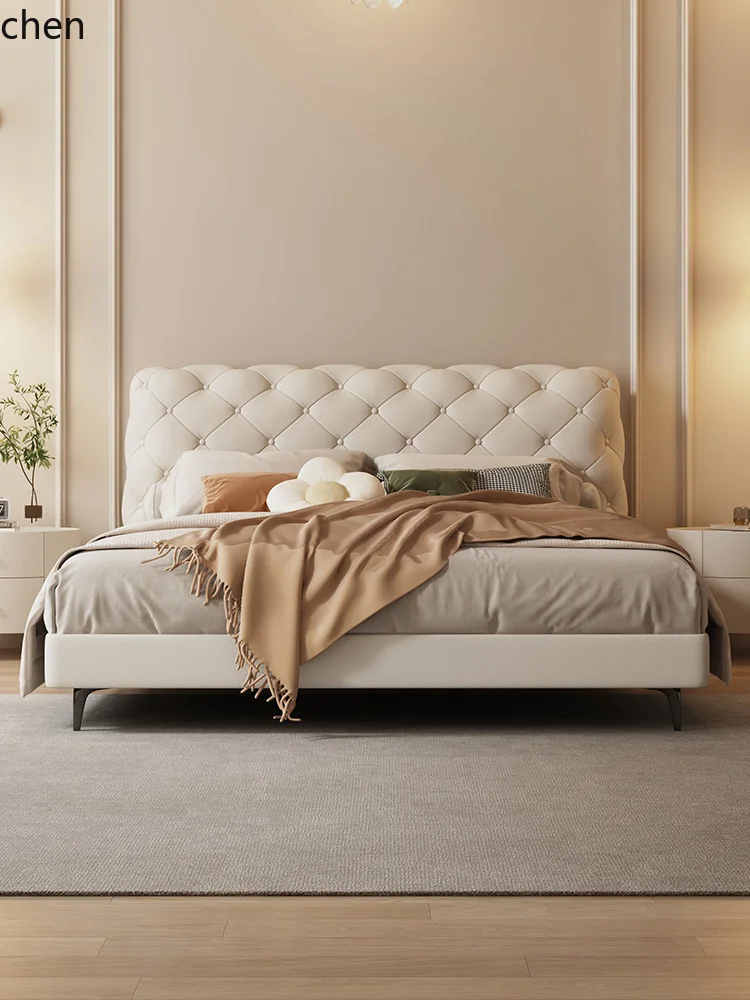 HXL Cream Style Top Layer Cowhide Master Bedroom Double Bed Simple Genuine Leather Celebration