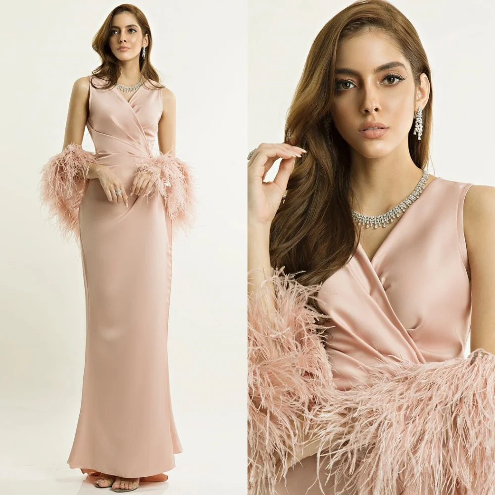 

Customized Soft Satin Evening Dresses Temperament V-Neck Sleeveless Homecoming Dresses Elegant Sweep Train Vestido De Festa