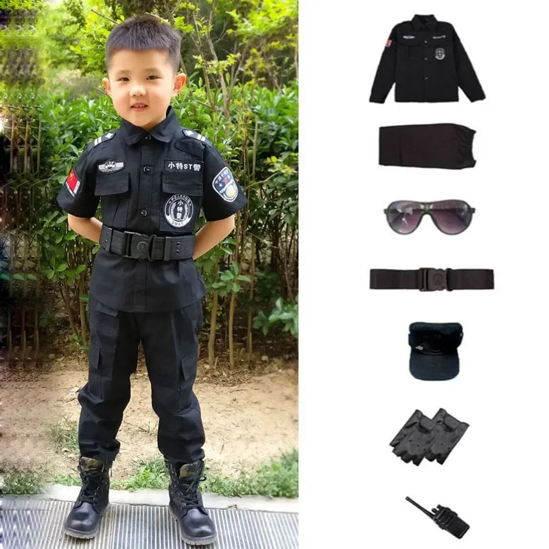 Swat Kinder Halloween Polizist Cosplay Kostüme Kinder Karneval Polizei Uniform 110-160cm Jungen Armee Polizisten Soldat 7 teile/sätze