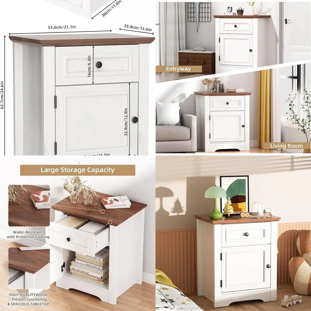 

Farmhouse-Style Nightstand with Drawer, Barn Door Accent, Storage, Suitable for Bedrooms and Living Rooms, White & Walnut Finish