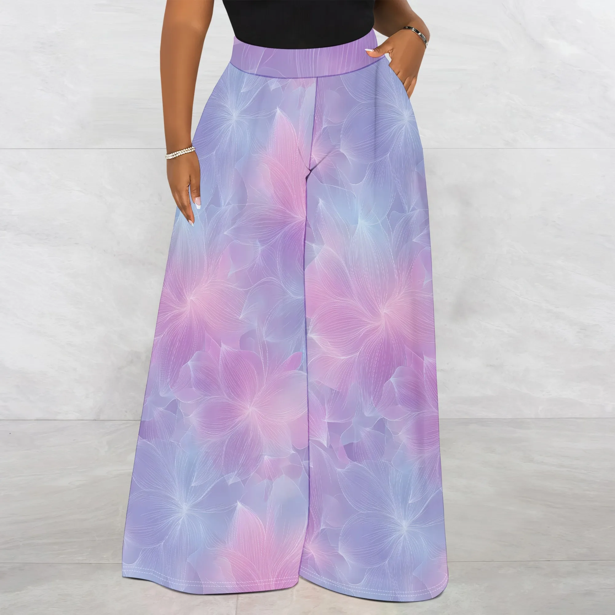Floral Print Wide Leg Pants, Pink Blue Flower Pattern Trousers, High Waist Loose Fit Bottoms, Casual Beach Wear for Women, S-3XL