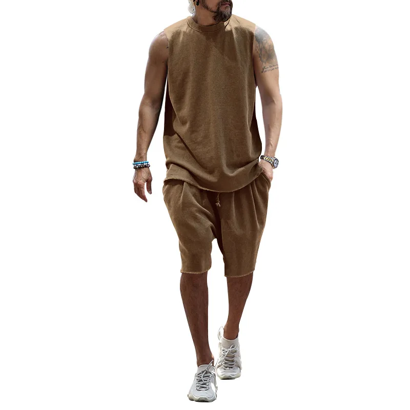 Summer Sleeveless Sports Suit Casual Shirt Two-piece Men T-Shirts Oversized Gym Bodybuilding Short Sleeve Tees Tank top T-shirt