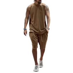 Summer Sleeveless Sports Suit Casual Shirt Two-piece Men T-Shirts Oversized Gym Bodybuilding Short Sleeve Tees Tank top T-shirt