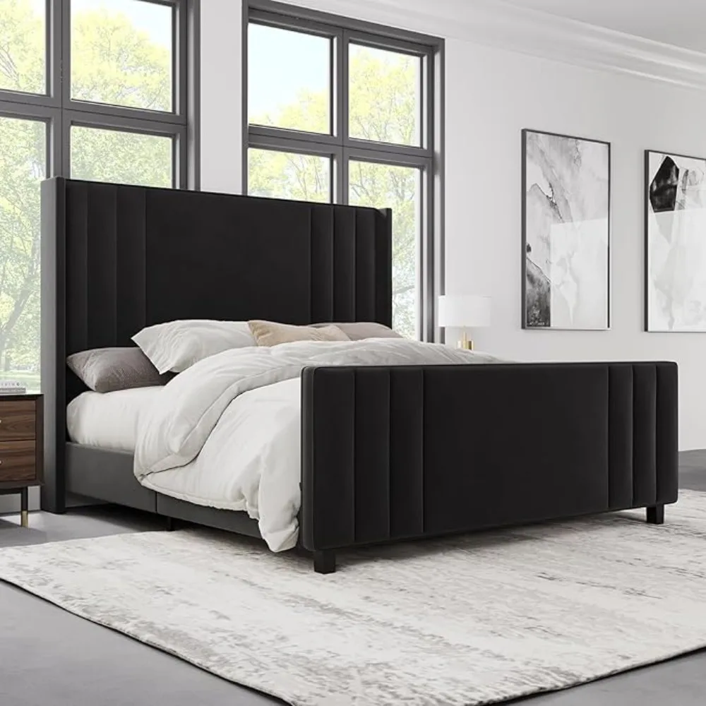 Platform Bed Frame, Upholstered Bed with Vertical Channel Tufted Wingback Headboard & Footboard, Premium