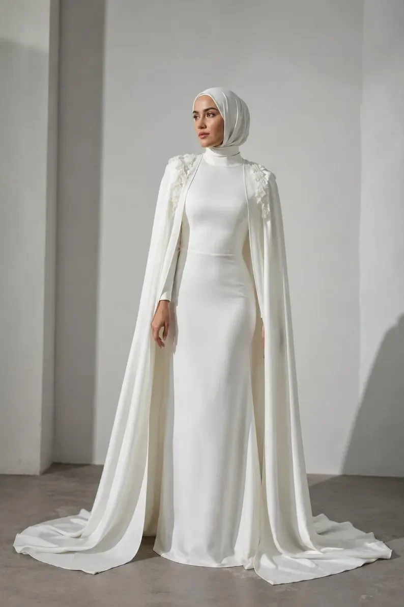 Modest Muslim Wedding Dress High Neck Long Sleeves Mermaid Bridal Gown With Detachable 3D Floral Cape Custom Made Robe De Mariée