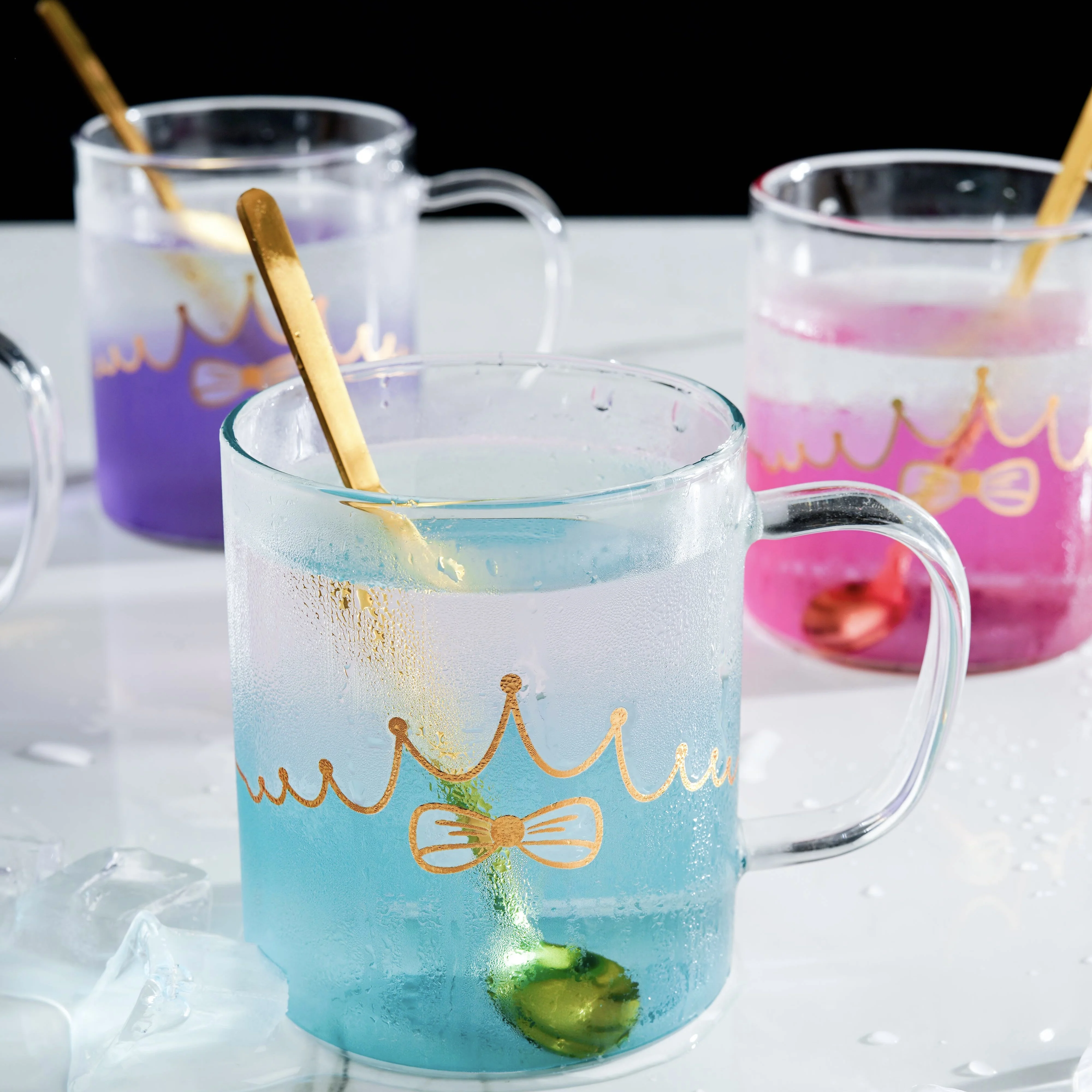 Nordic 450ml cute glass bow pattern blue purple cyan pink glass with spoon water cup