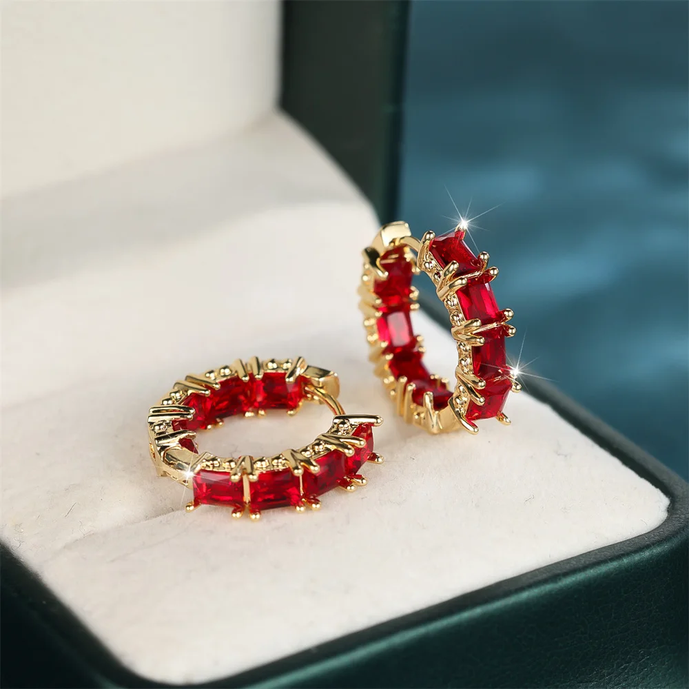 Red Crystal Rectangle Stone Round Hoop Earrings For Women Vintage Gold Color Ear Buckle Wedding Jewelry Bridal Engagement Gifts