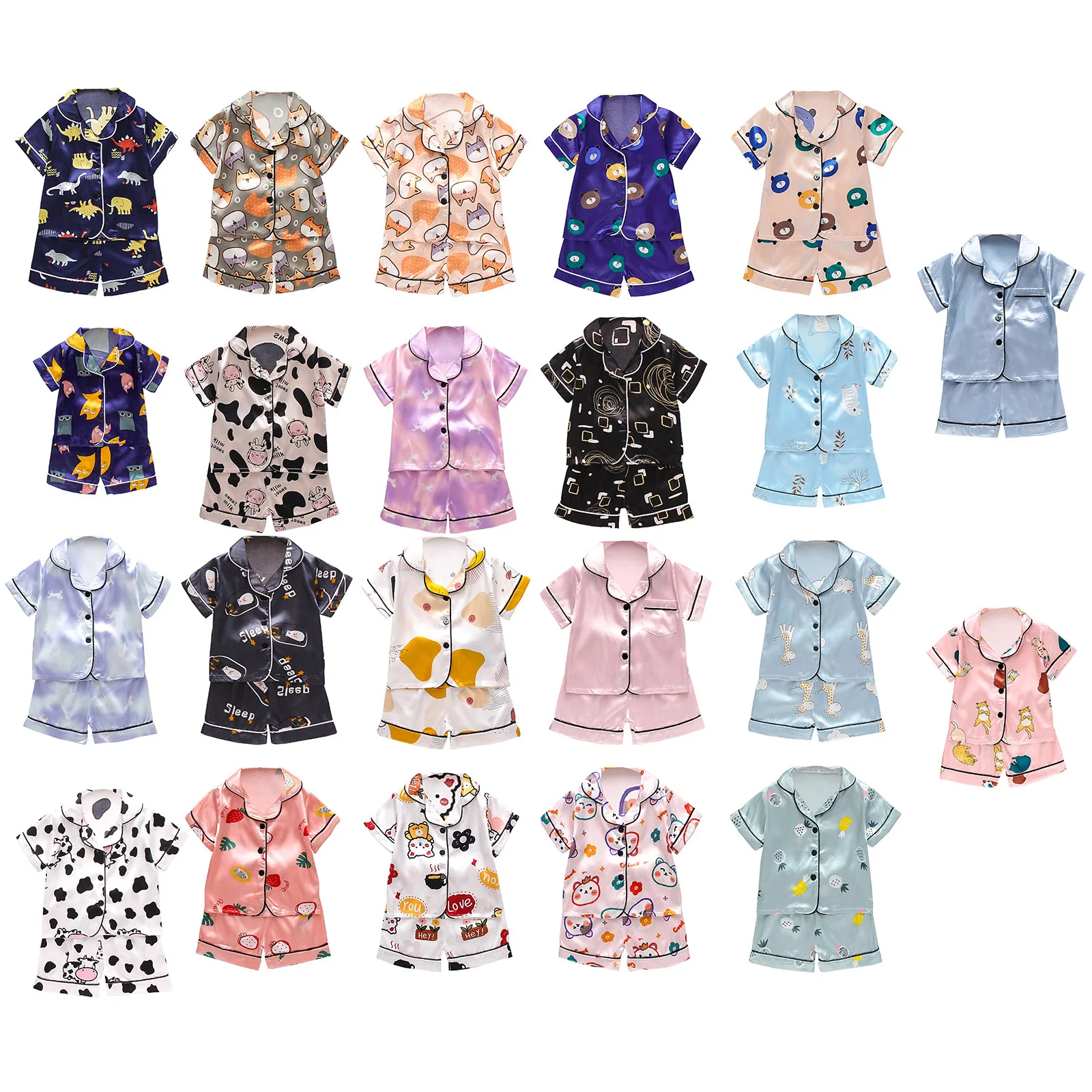 Unisex Baby Girls Boys Satin Pajamas Sets Short Sleeve Button Down Lapel Tops Elastic Waistband Shorts Infant Sleepwear Outfits